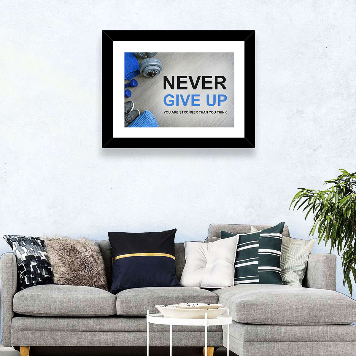 Never Give Up Fitness Typography Wall Art in a room, landscape