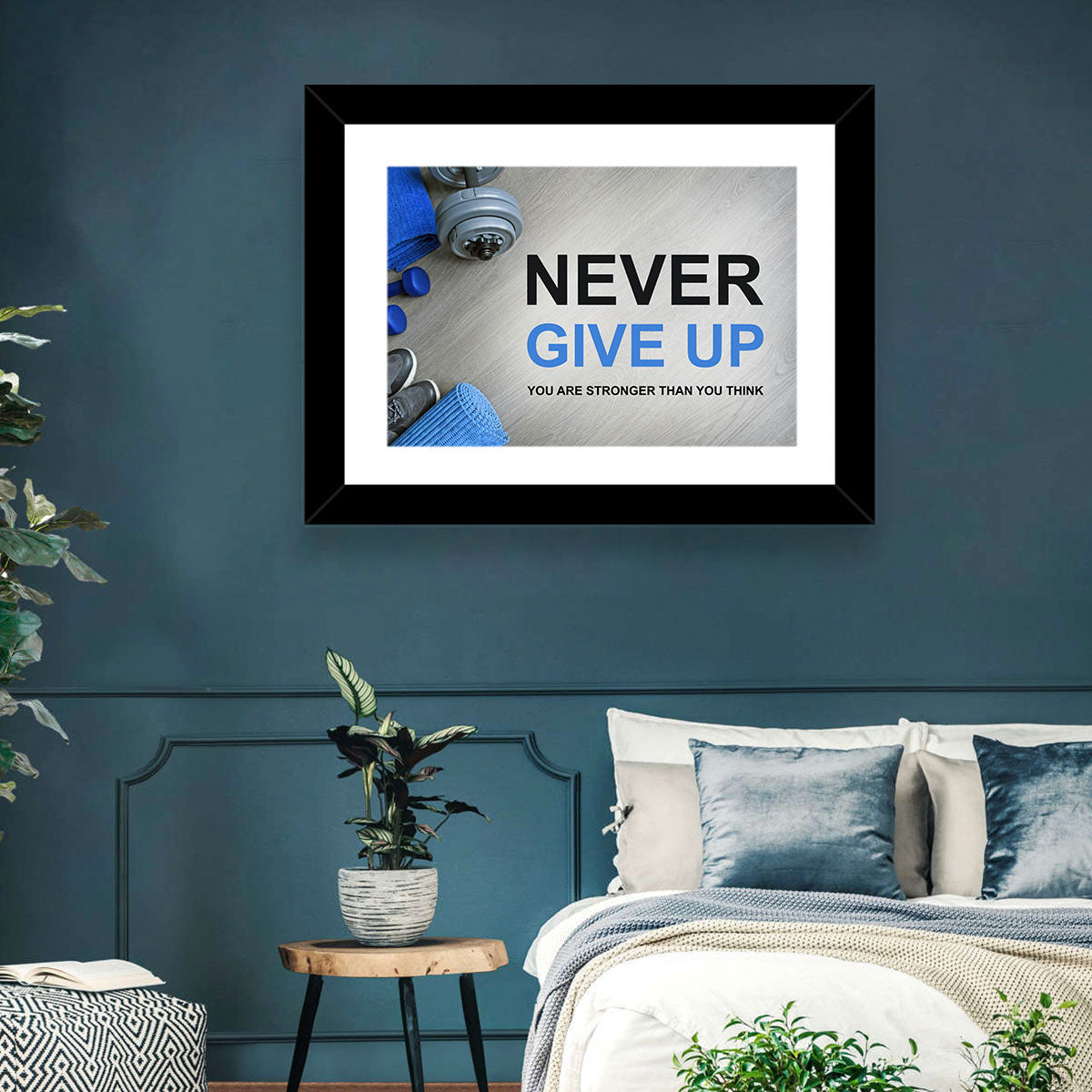 Never Give Up Fitness Typography Wall Art in a room, landscape