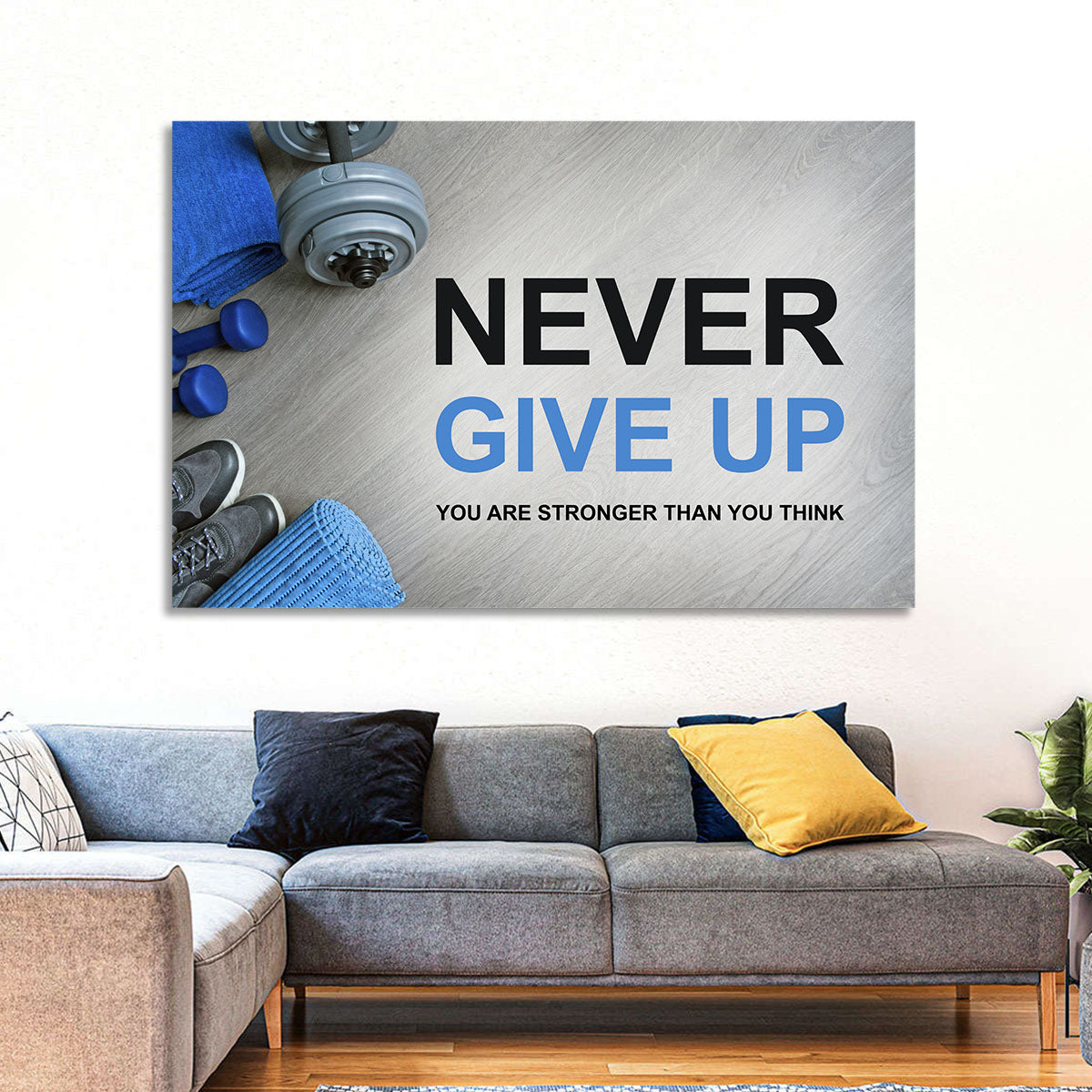 Never Give Up Fitness Typography Wall Art in a room, landscape