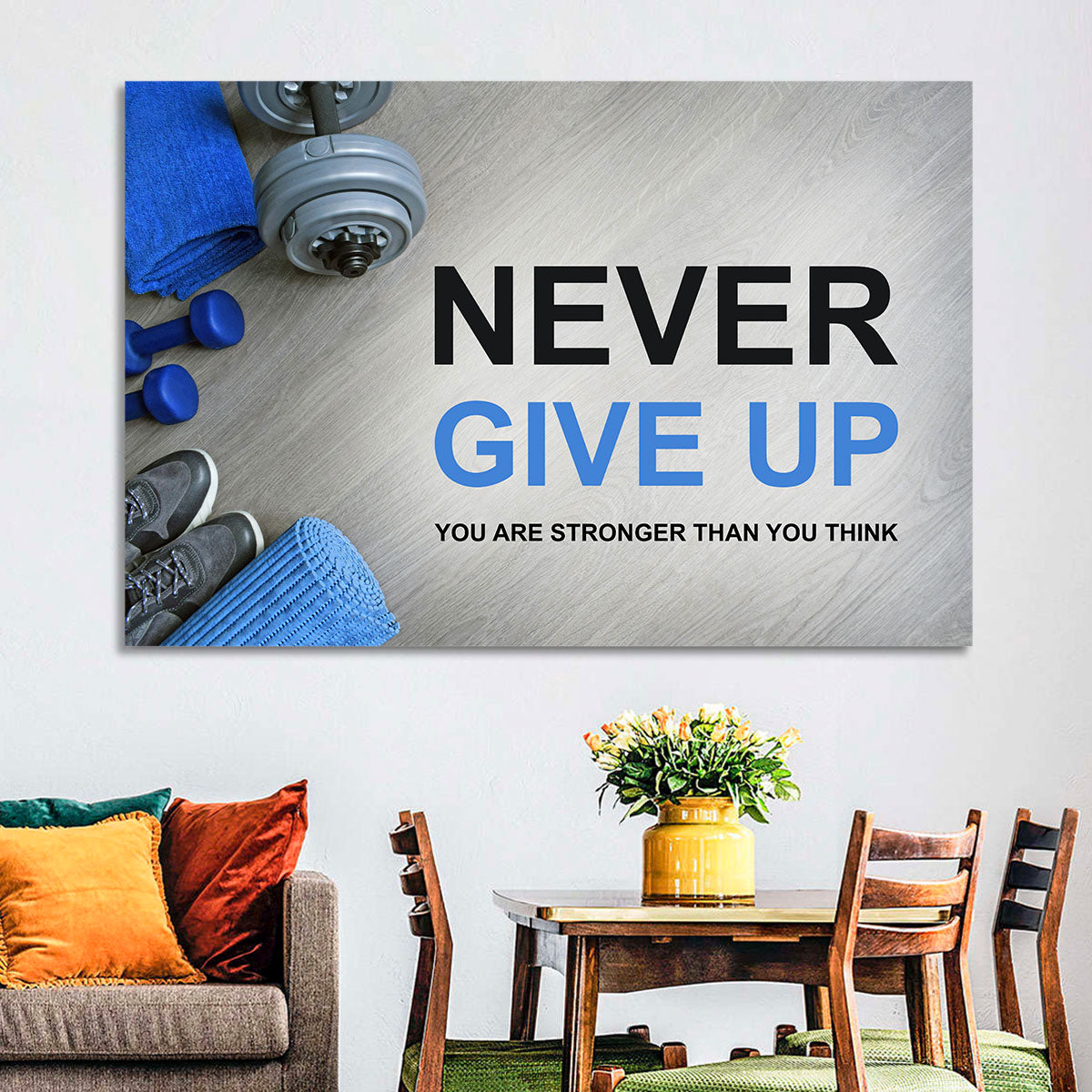 Never Give Up Fitness Typography Wall Art in a room, landscape