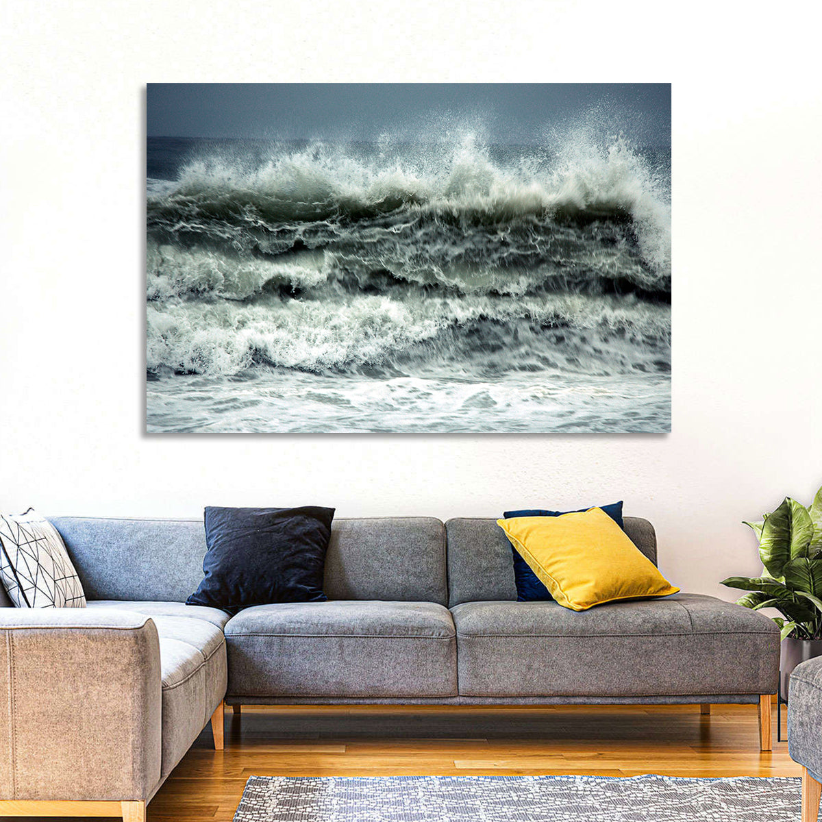 Stormy Coastline Wave Wall Art in a room, landscape