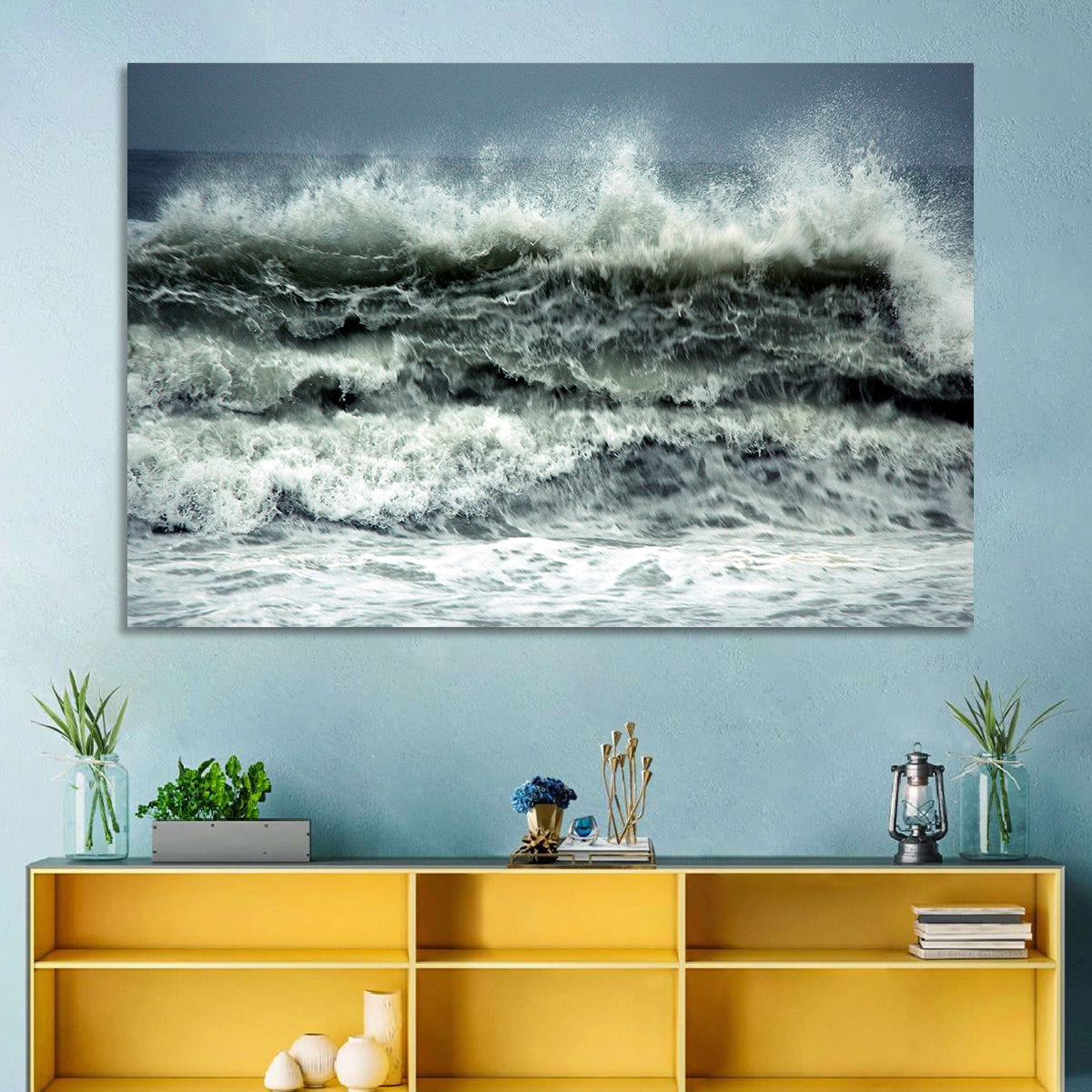 Stormy Coastline Wave Wall Art in a room, landscape