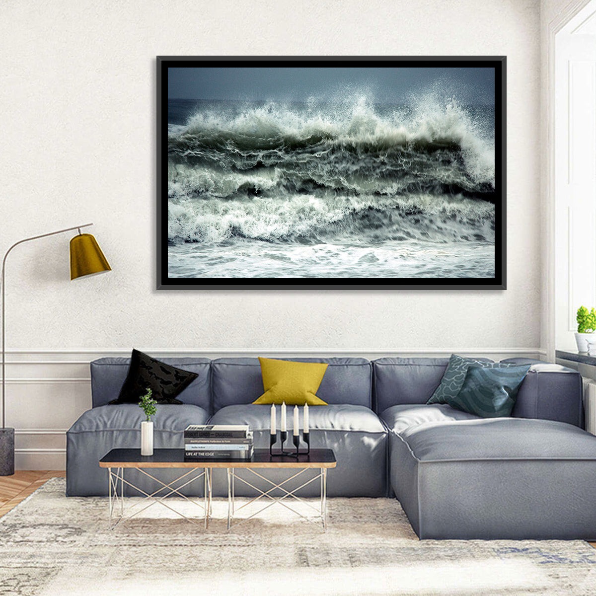 Stormy Coastline Wave Wall Art in a room, landscape