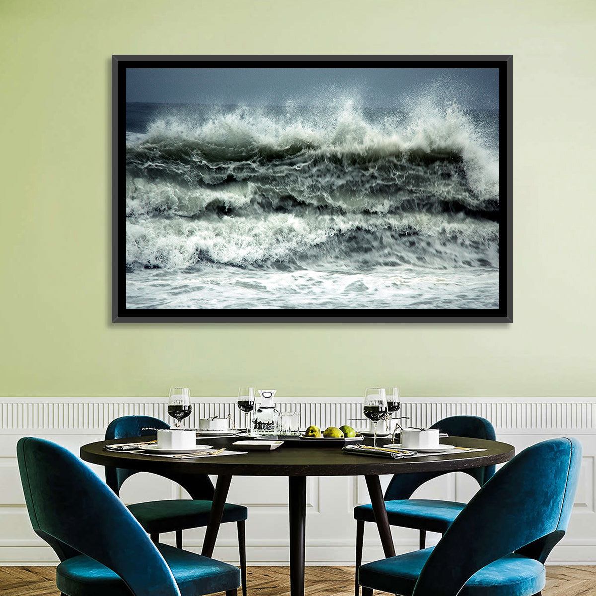 Stormy Coastline Wave Wall Art in a room, landscape