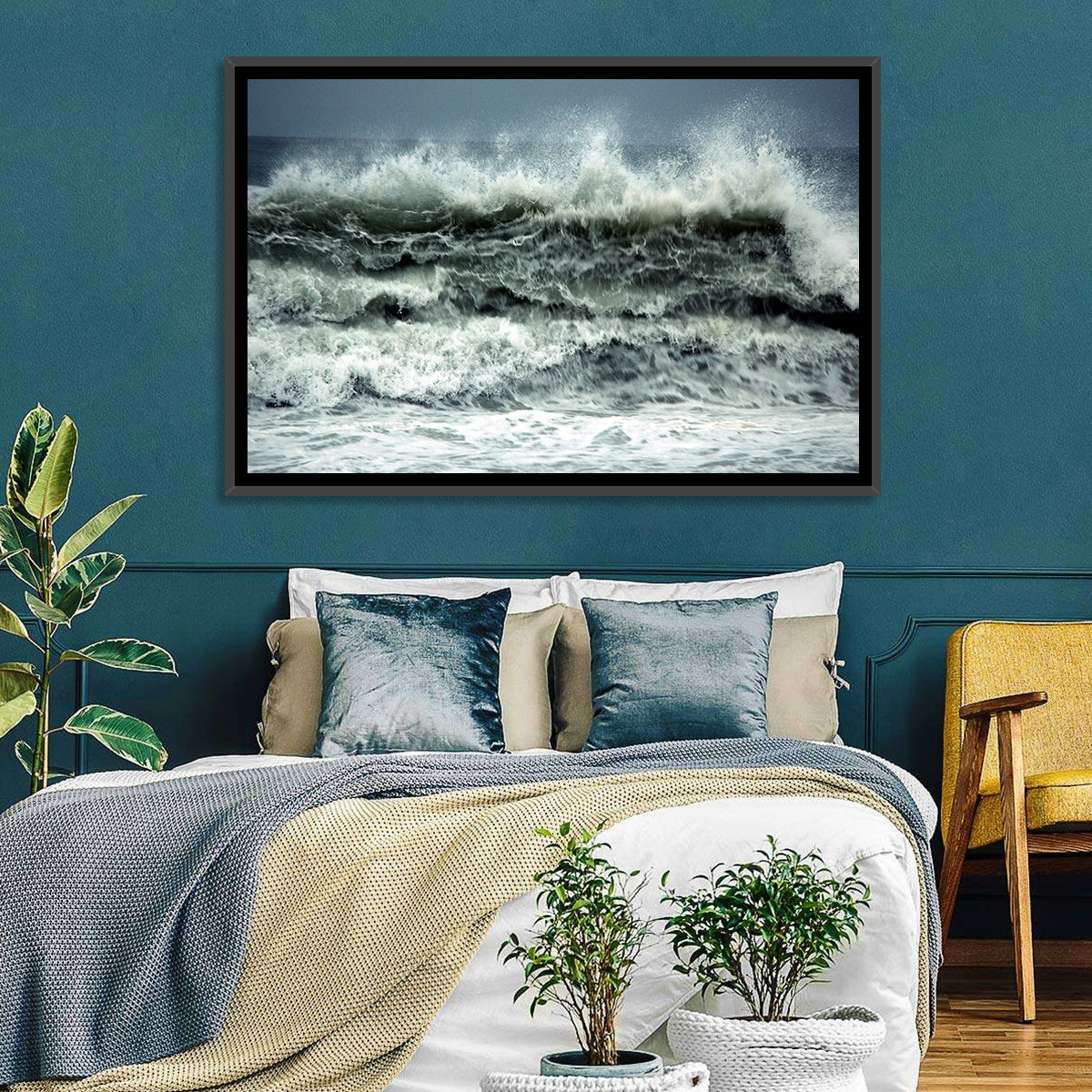Stormy Coastline Wave Wall Art in a room, landscape