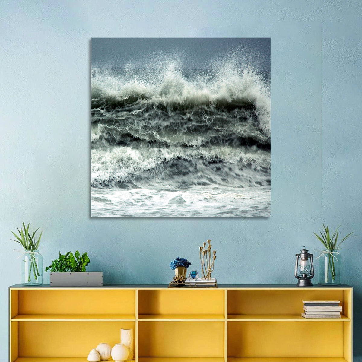 Stormy Coastline Wave Wall Art in a room, landscape