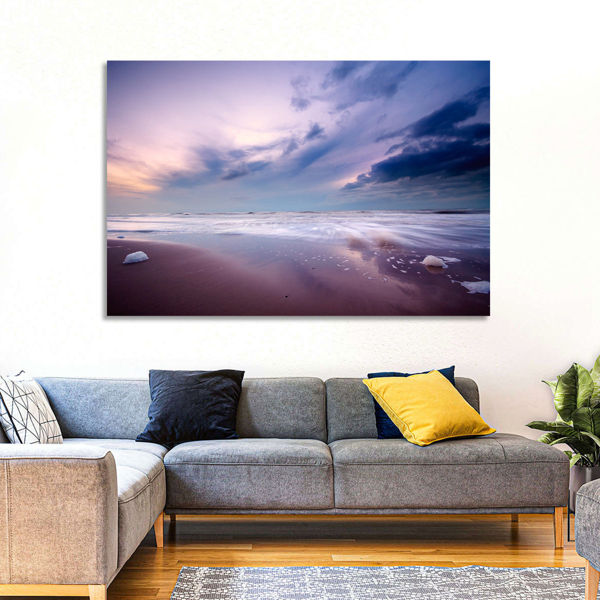 Purple Night Beach Wall Art in a room, landscape