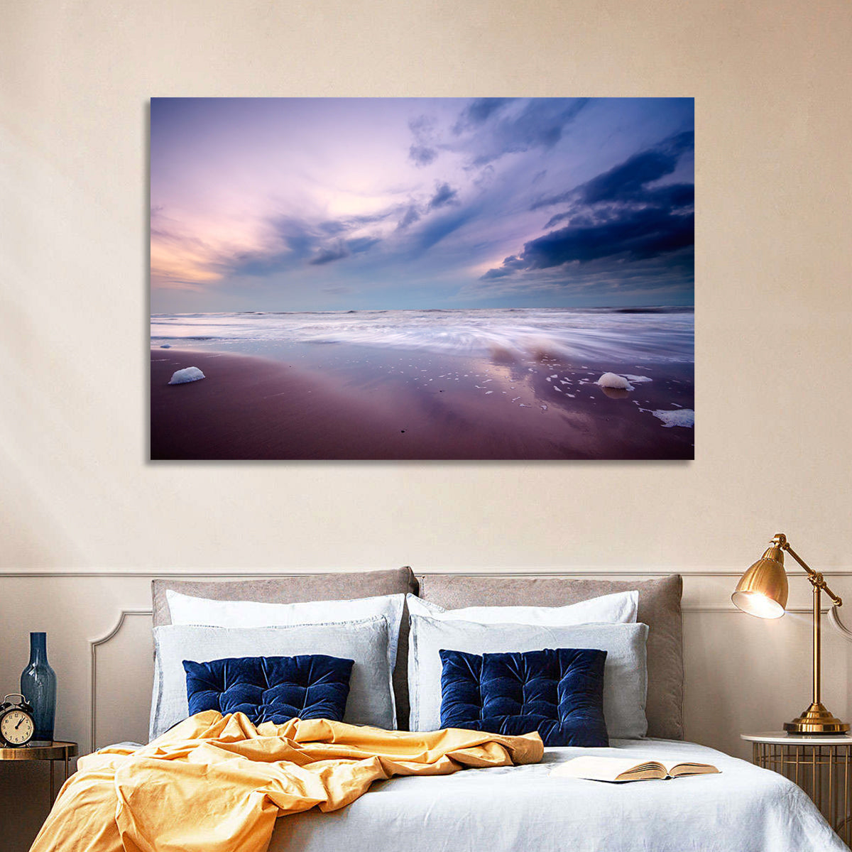 Purple Night Beach Wall Art in a room, landscape