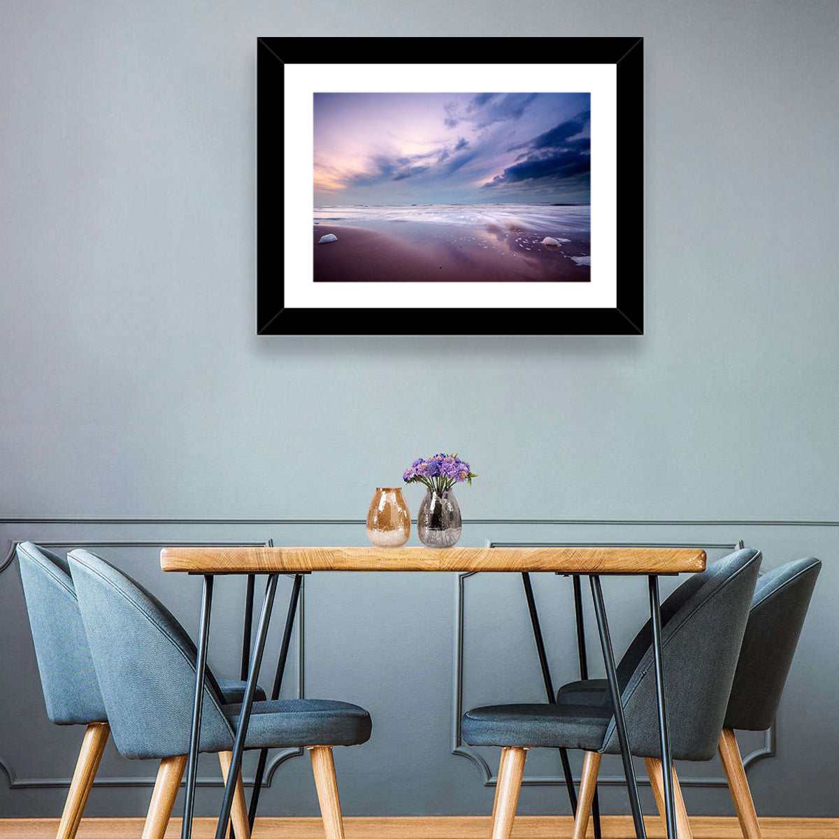 Purple Night Beach Wall Art in a room, landscape