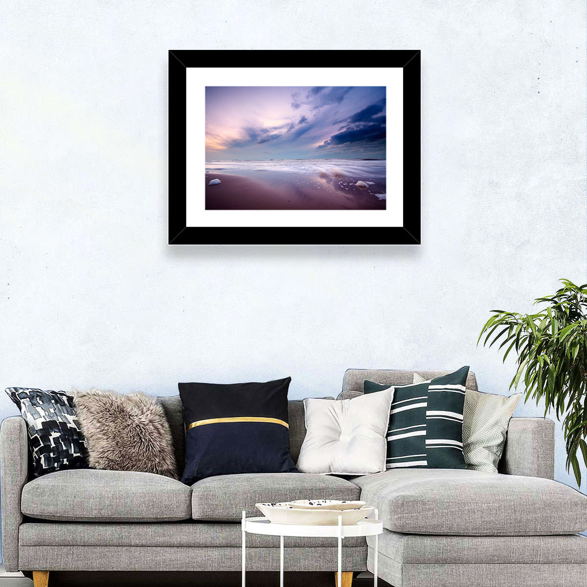 Purple Night Beach Wall Art in a room, landscape