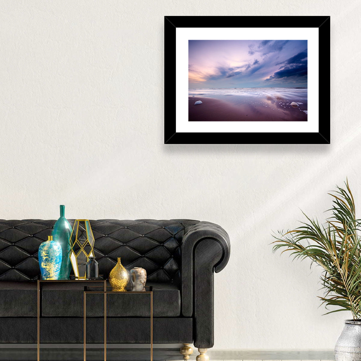 Purple Night Beach Wall Art in a room, landscape