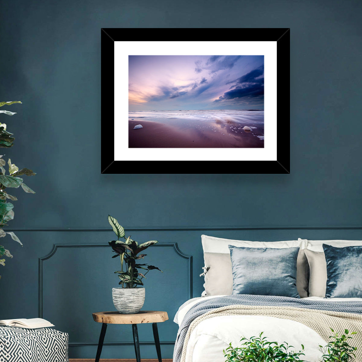 Purple Night Beach Wall Art in a room, landscape