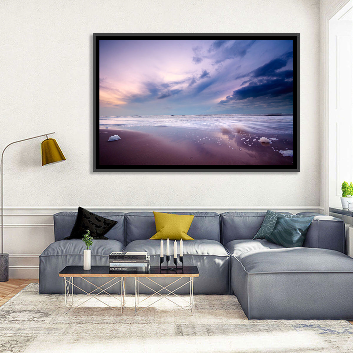Purple Night Beach Wall Art in a room, landscape