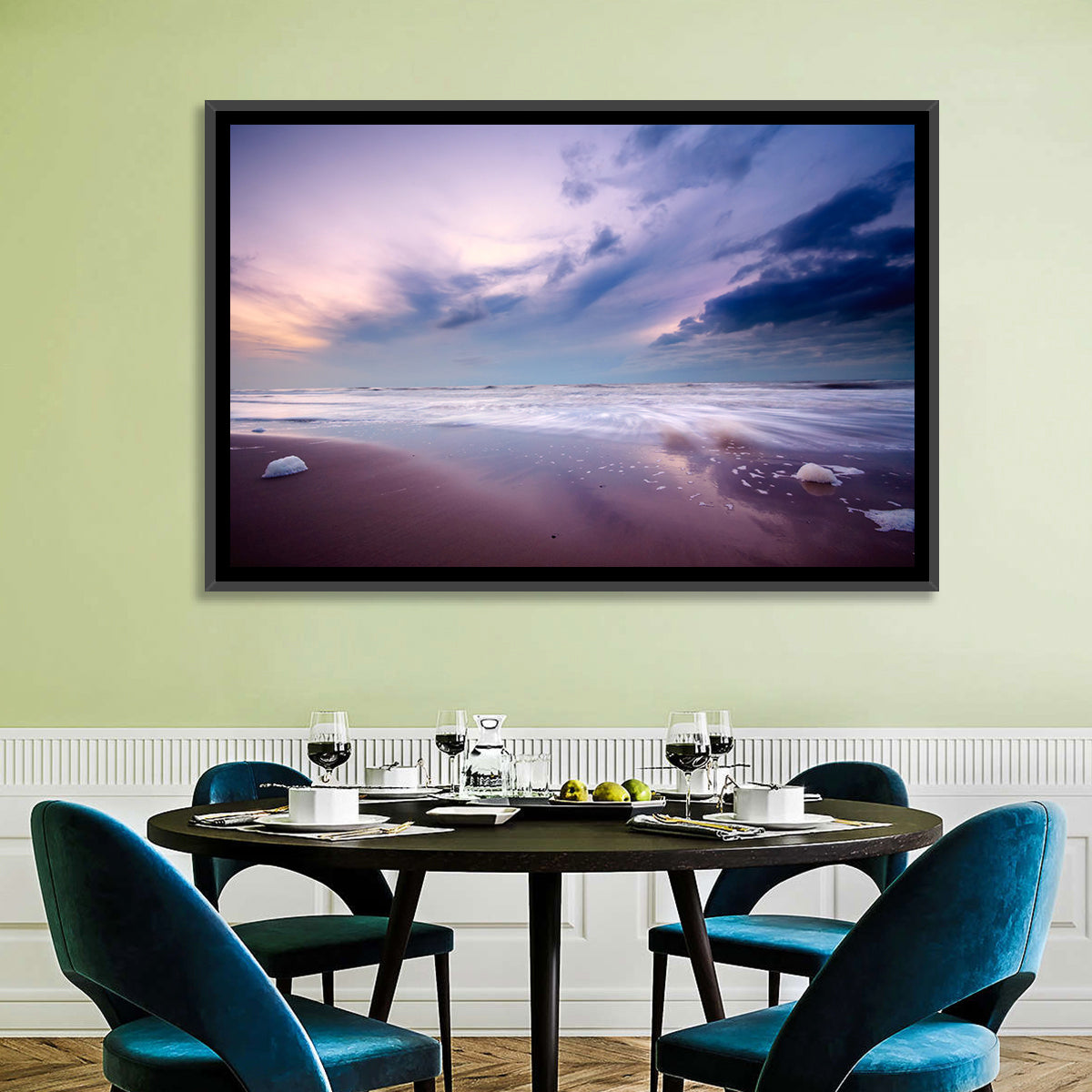 Purple Night Beach Wall Art in a room, landscape