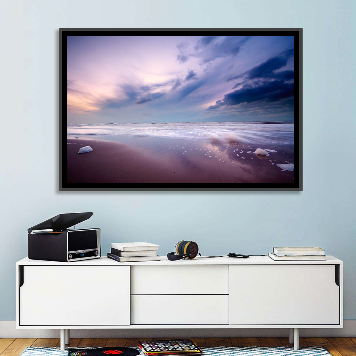 Purple Night Beach Wall Art in a room, landscape