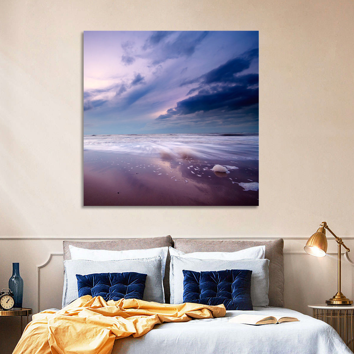Purple Night Beach Wall Art in a room, landscape