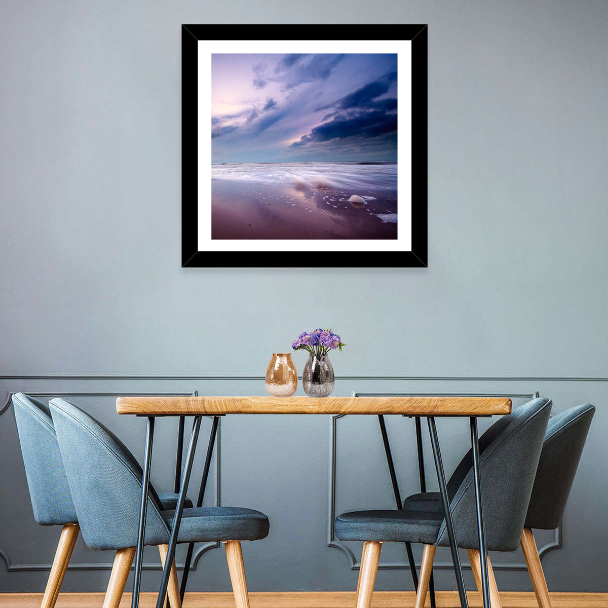 Purple Night Beach Wall Art in a room, landscape