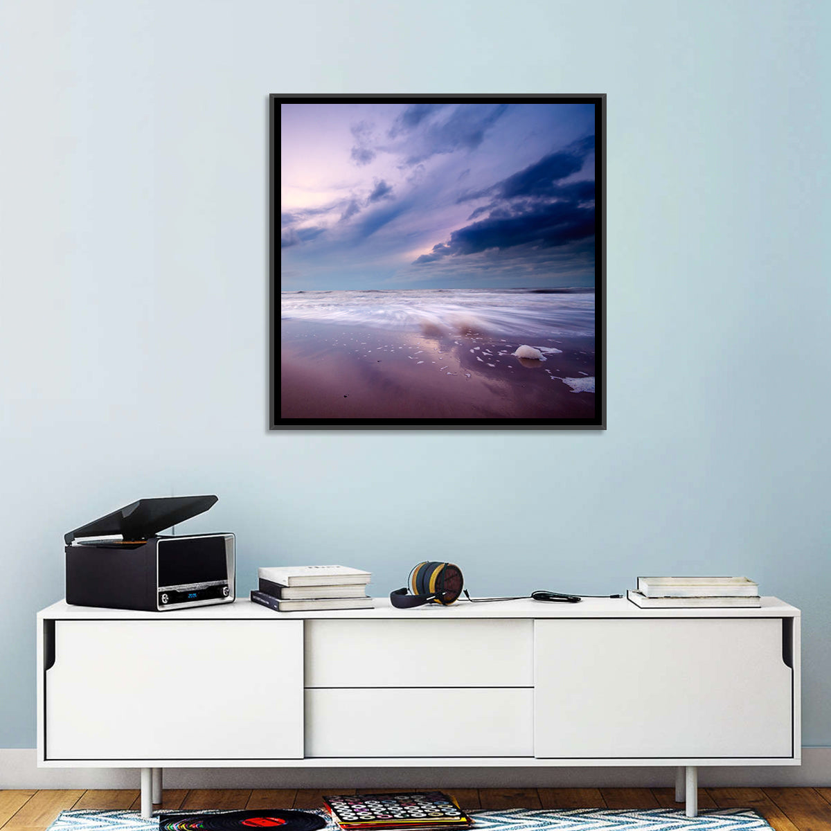 Purple Night Beach Wall Art in a room, landscape