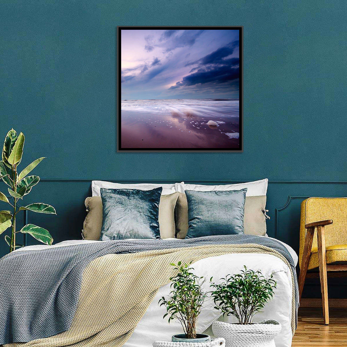 Purple Night Beach Wall Art in a room, landscape