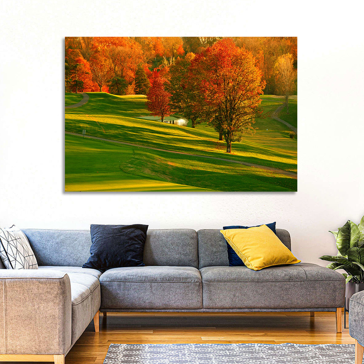 Golden Hour Golf Course Wall Art in a room, landscape