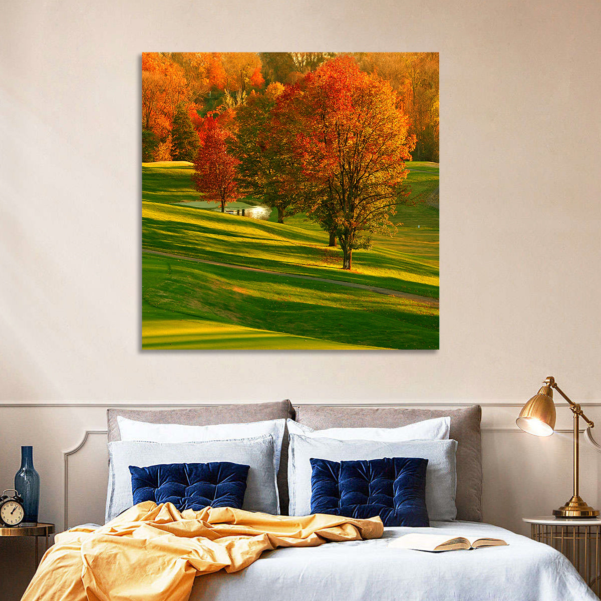 Golden Hour Golf Course Wall Art in a room, landscape