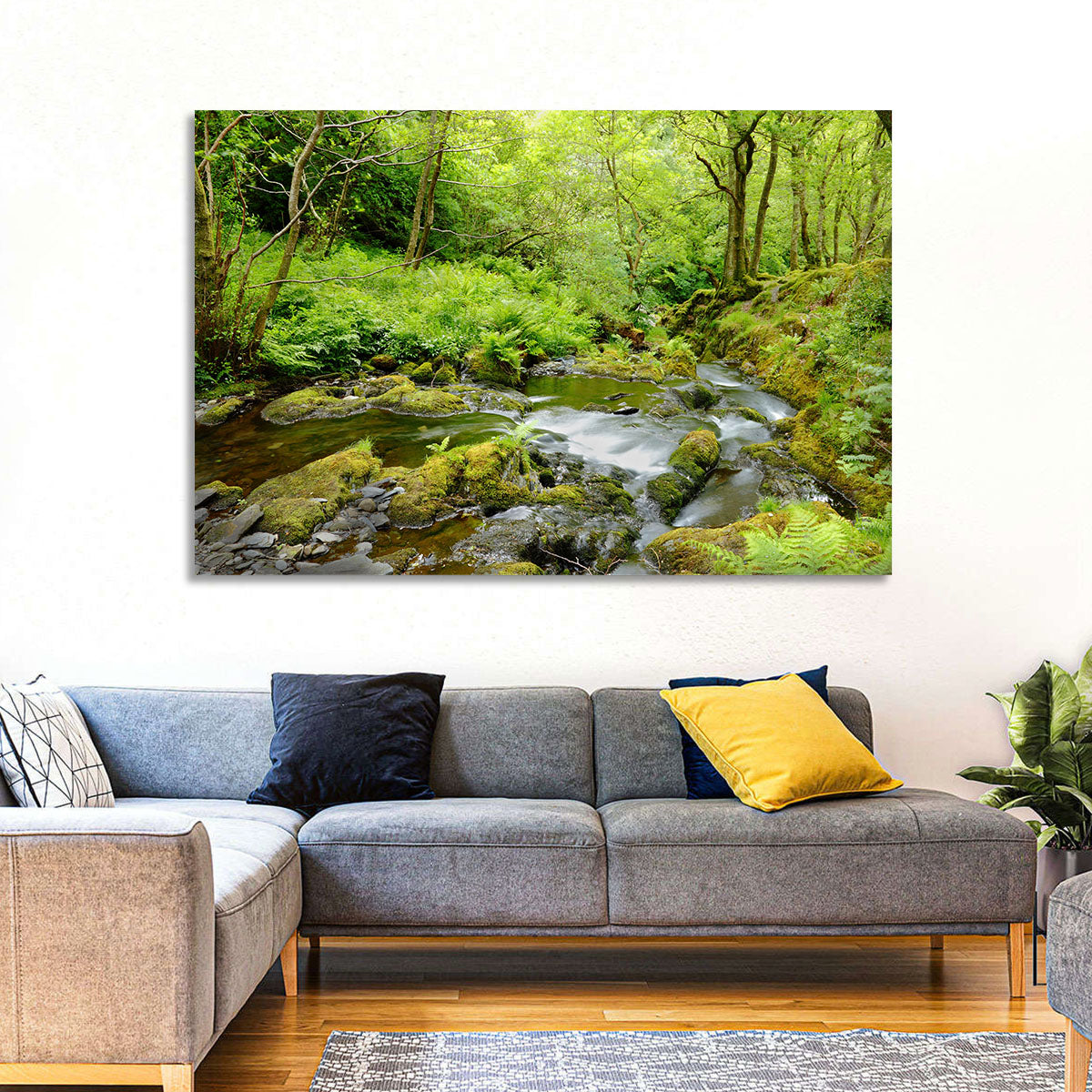 Mossy Stream Through Forest Wall Art in a room, landscape