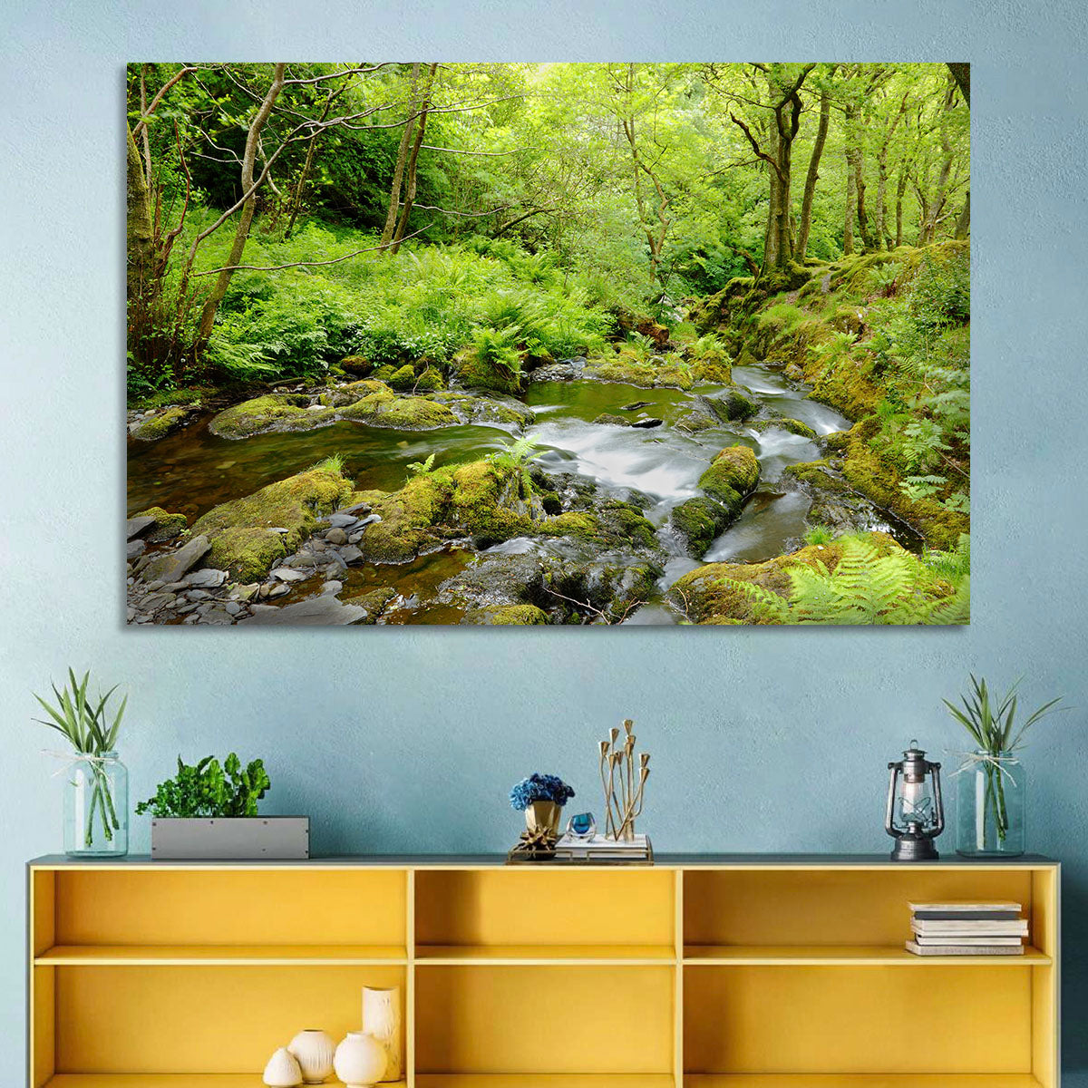 Mossy Stream Through Forest Wall Art in a room, landscape