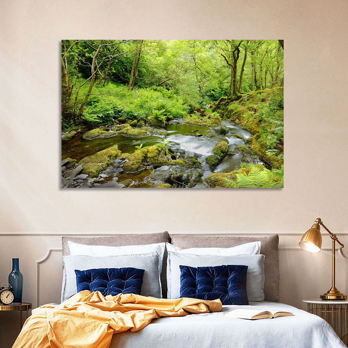Mossy Stream Through Forest Wall Art in a room, landscape