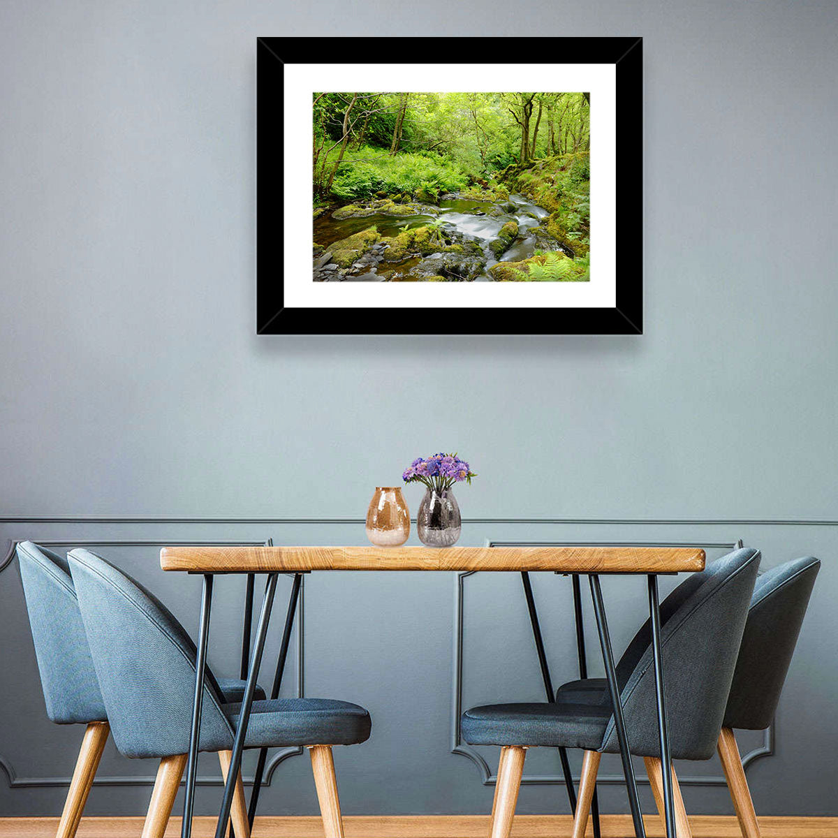 Mossy Stream Through Forest Wall Art in a room, landscape