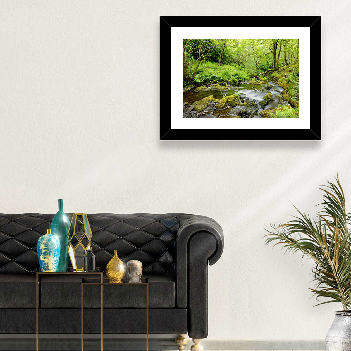 Mossy Stream Through Forest Wall Art in a room, landscape
