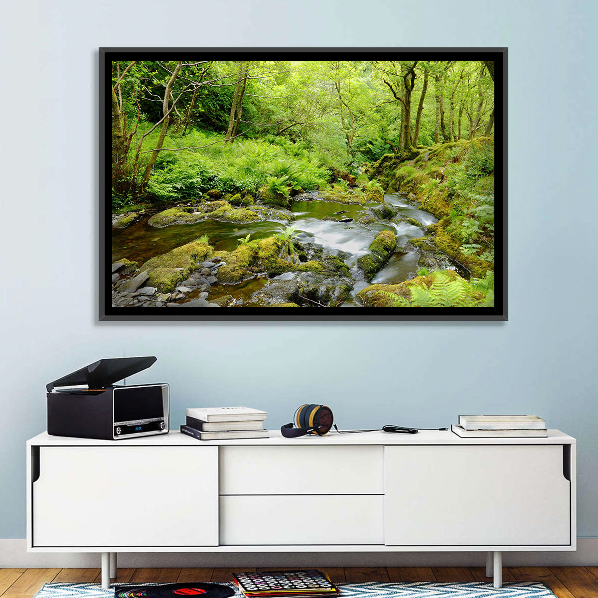 Mossy Stream Through Forest Wall Art in a room, landscape
