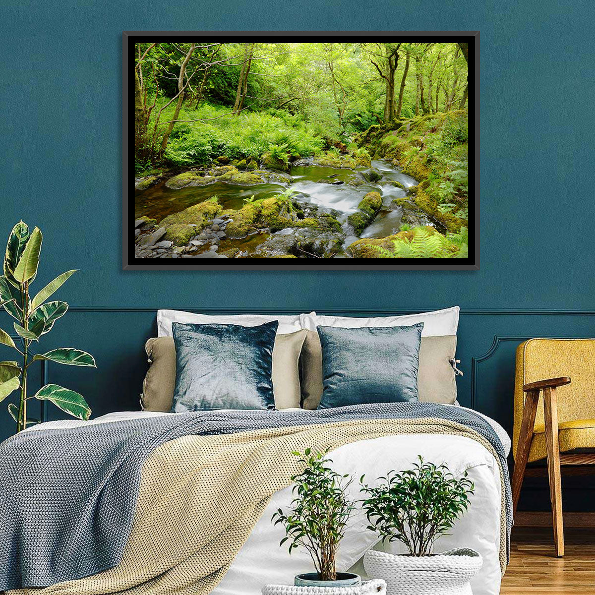 Mossy Stream Through Forest Wall Art in a room, landscape