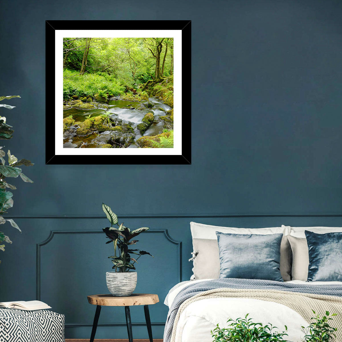 Mossy Stream Through Forest Wall Art in a room, landscape