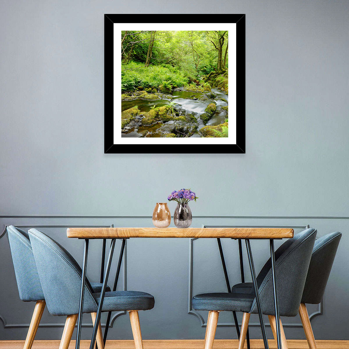 Mossy Stream Through Forest Wall Art in a room, landscape