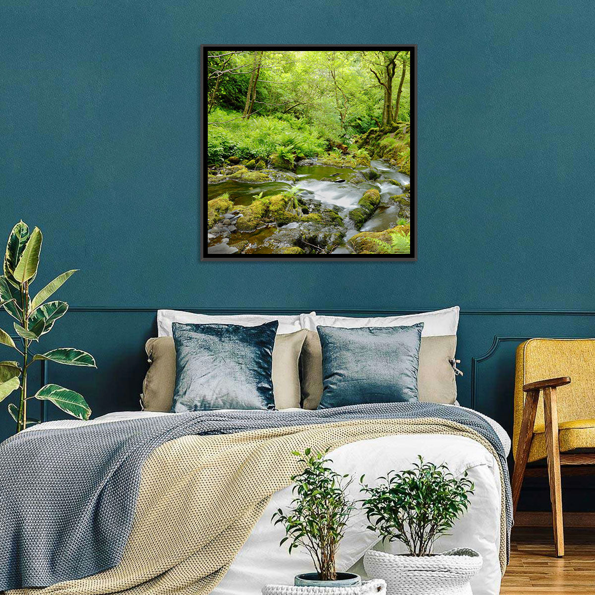 Mossy Stream Through Forest Wall Art in a room, landscape