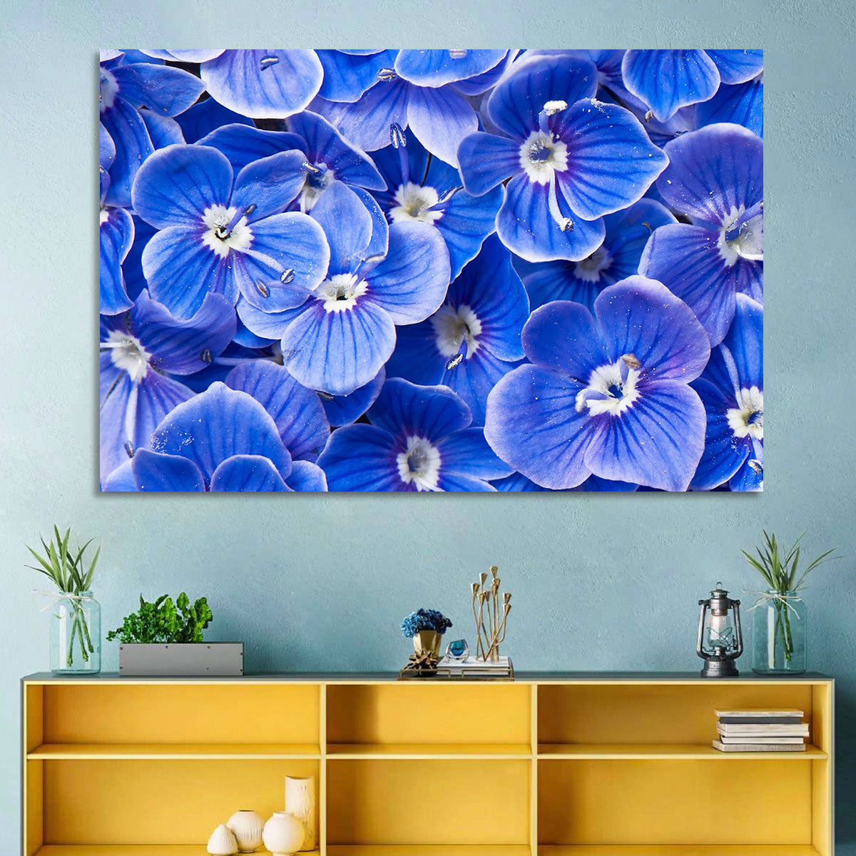 Blue Wildflower Close-up Wall Art in a room, landscape