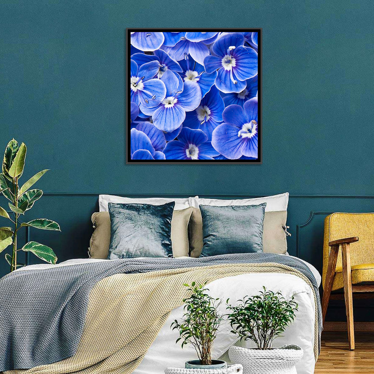 Blue Wildflower Close-up Wall Art in a room, landscape