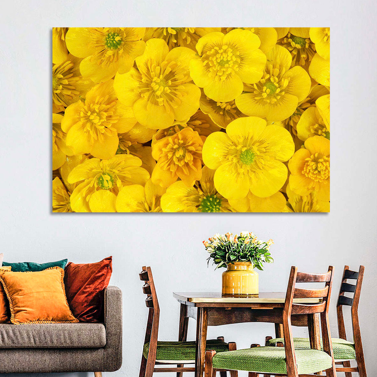 Yellow Buttercup Close-up Wall Art in a room, landscape