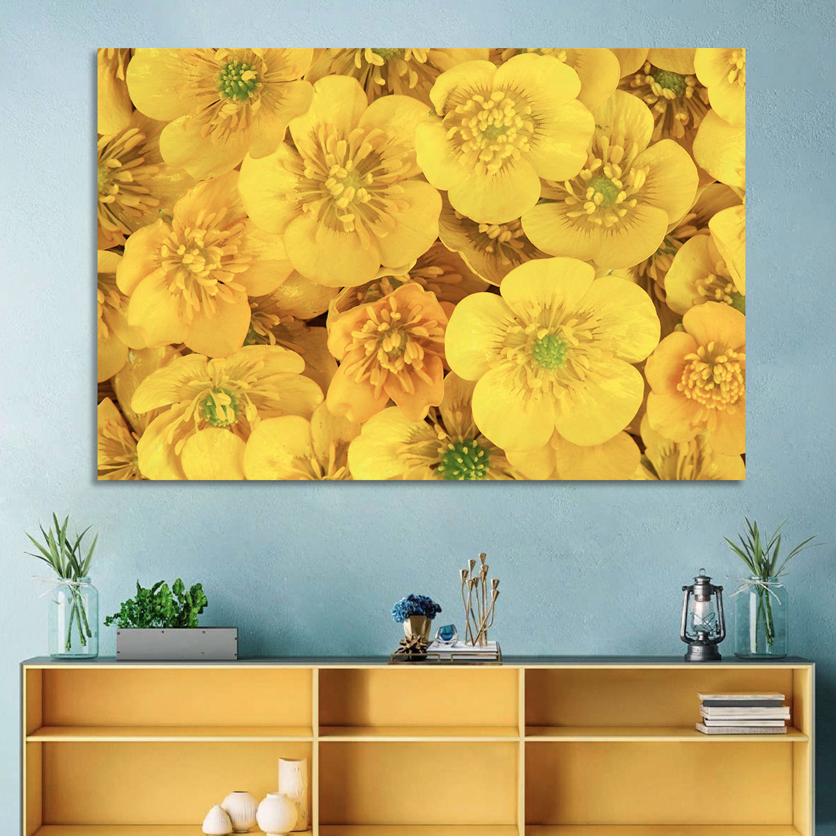 Yellow Buttercup Close-up Wall Art in a room, landscape