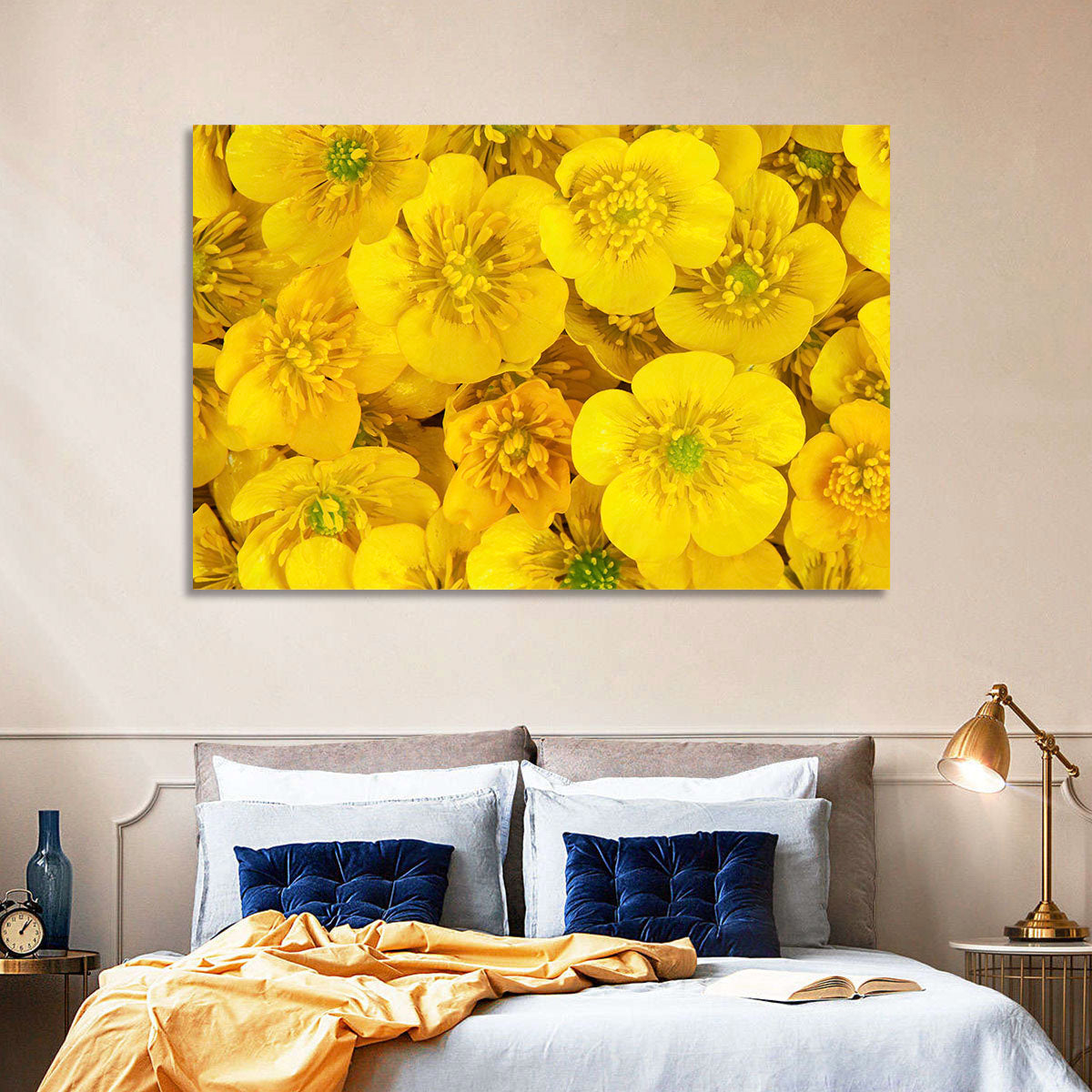 Yellow Buttercup Close-up Wall Art in a room, landscape