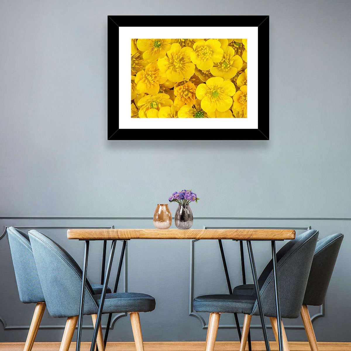 Yellow Buttercup Close-up Wall Art in a room, landscape
