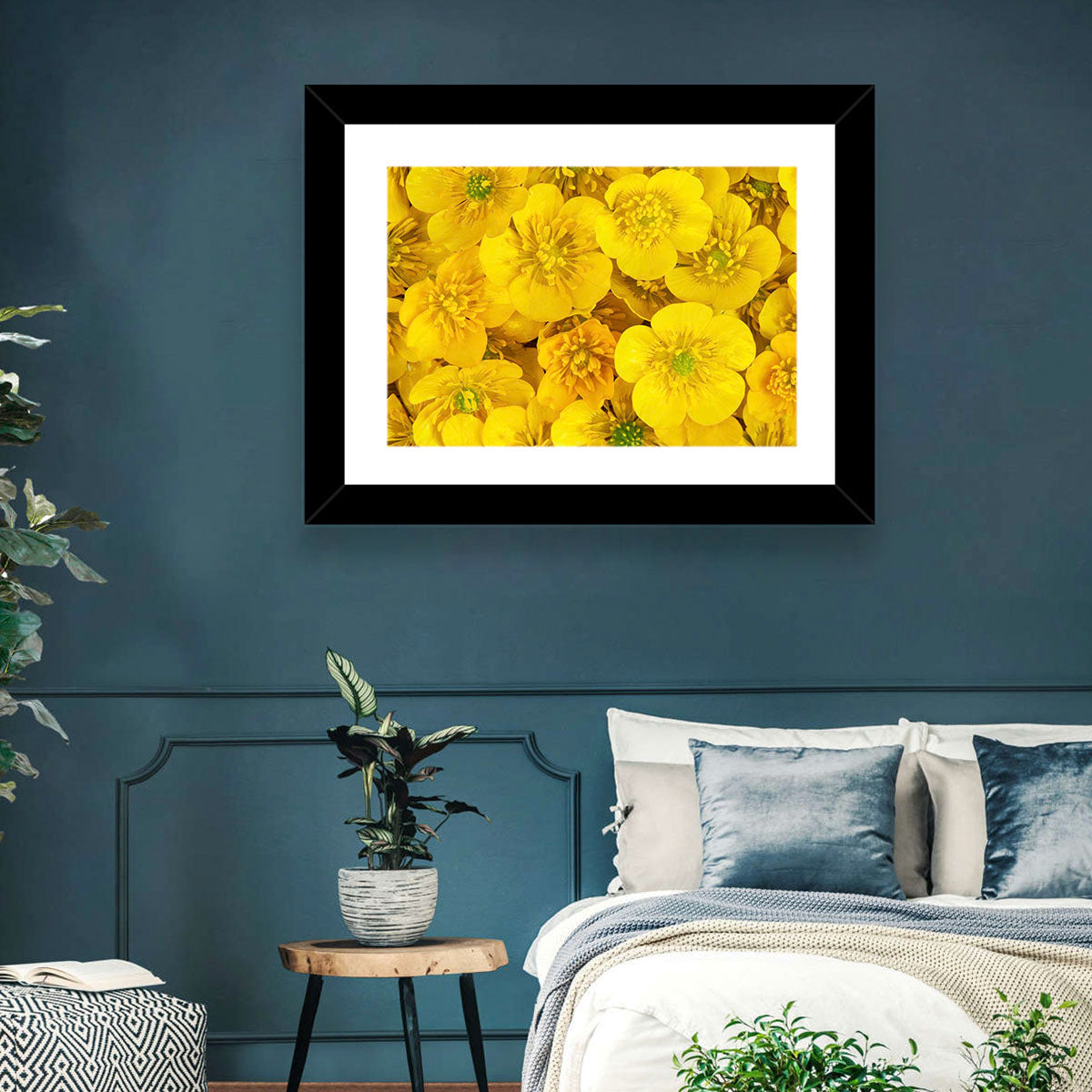 Yellow Buttercup Close-up Wall Art in a room, landscape
