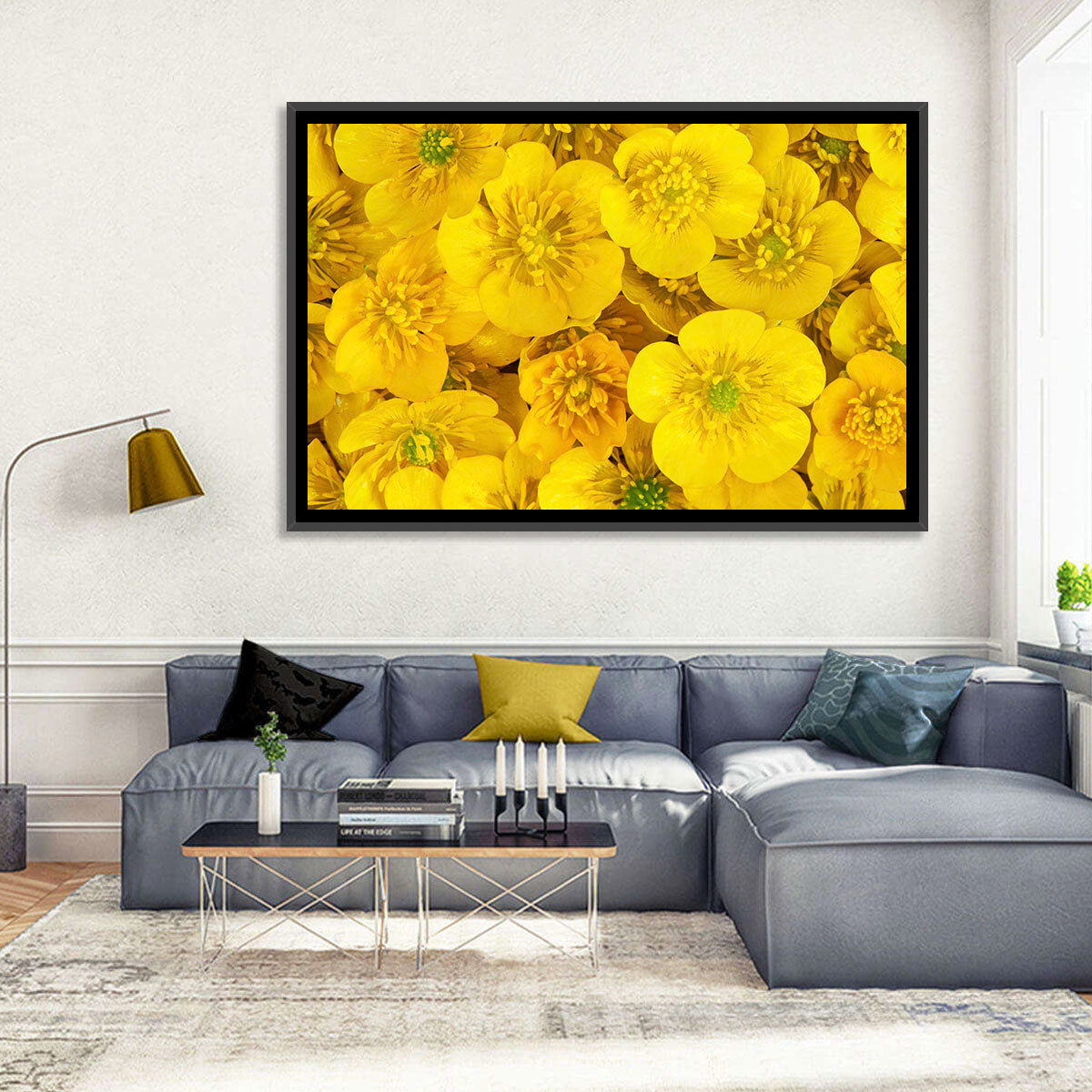 Yellow Buttercup Close-up Wall Art in a room, landscape
