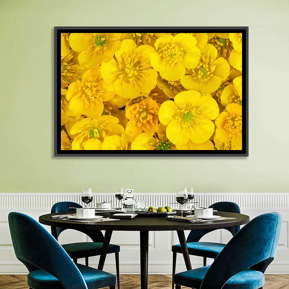 Yellow Buttercup Close-up Wall Art in a room, landscape