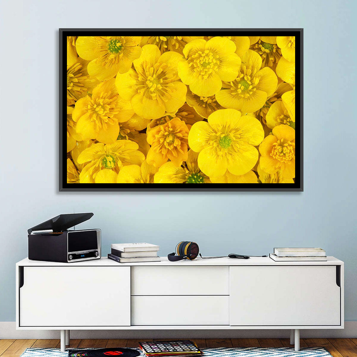 Yellow Buttercup Close-up Wall Art in a room, landscape