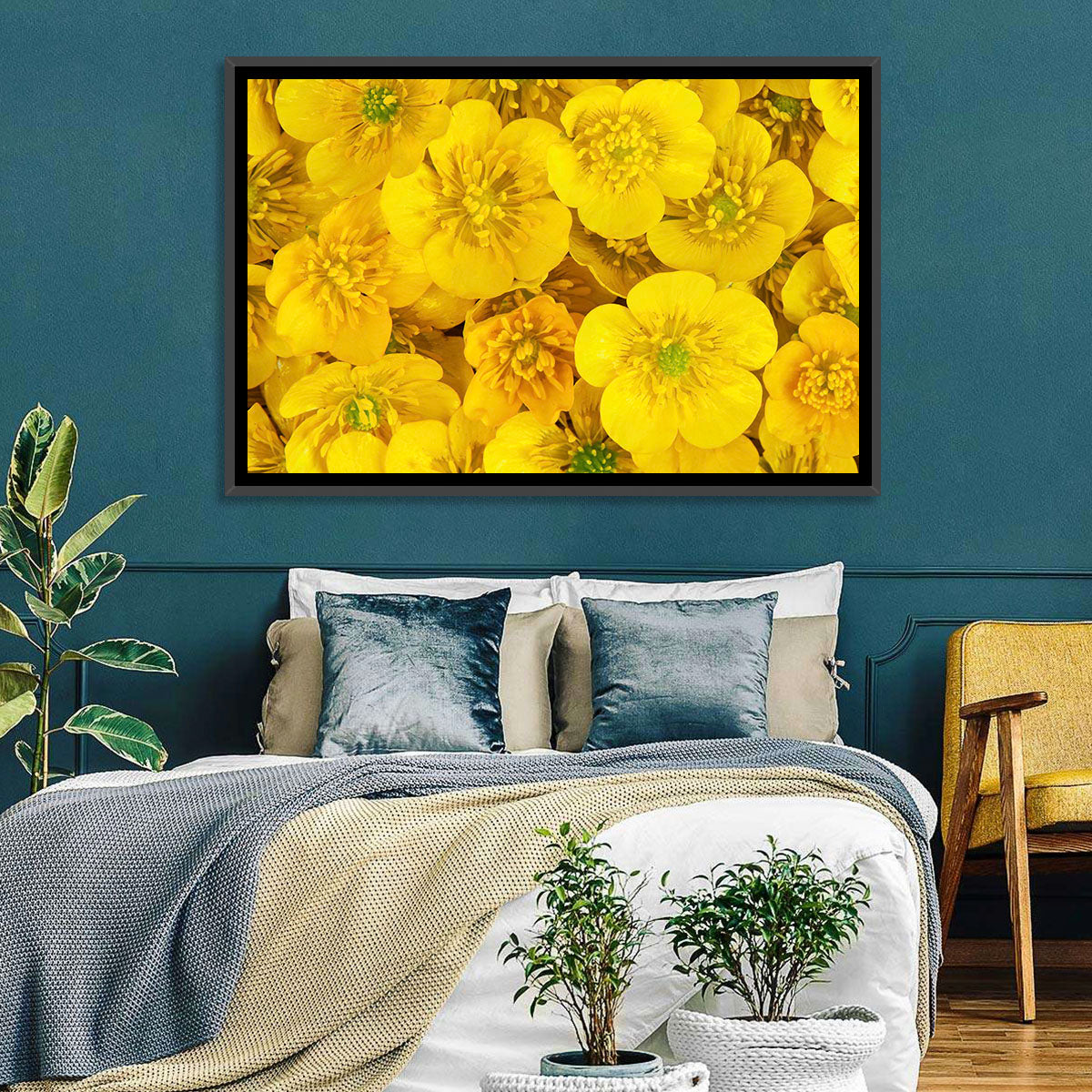 Yellow Buttercup Close-up Wall Art in a room, landscape