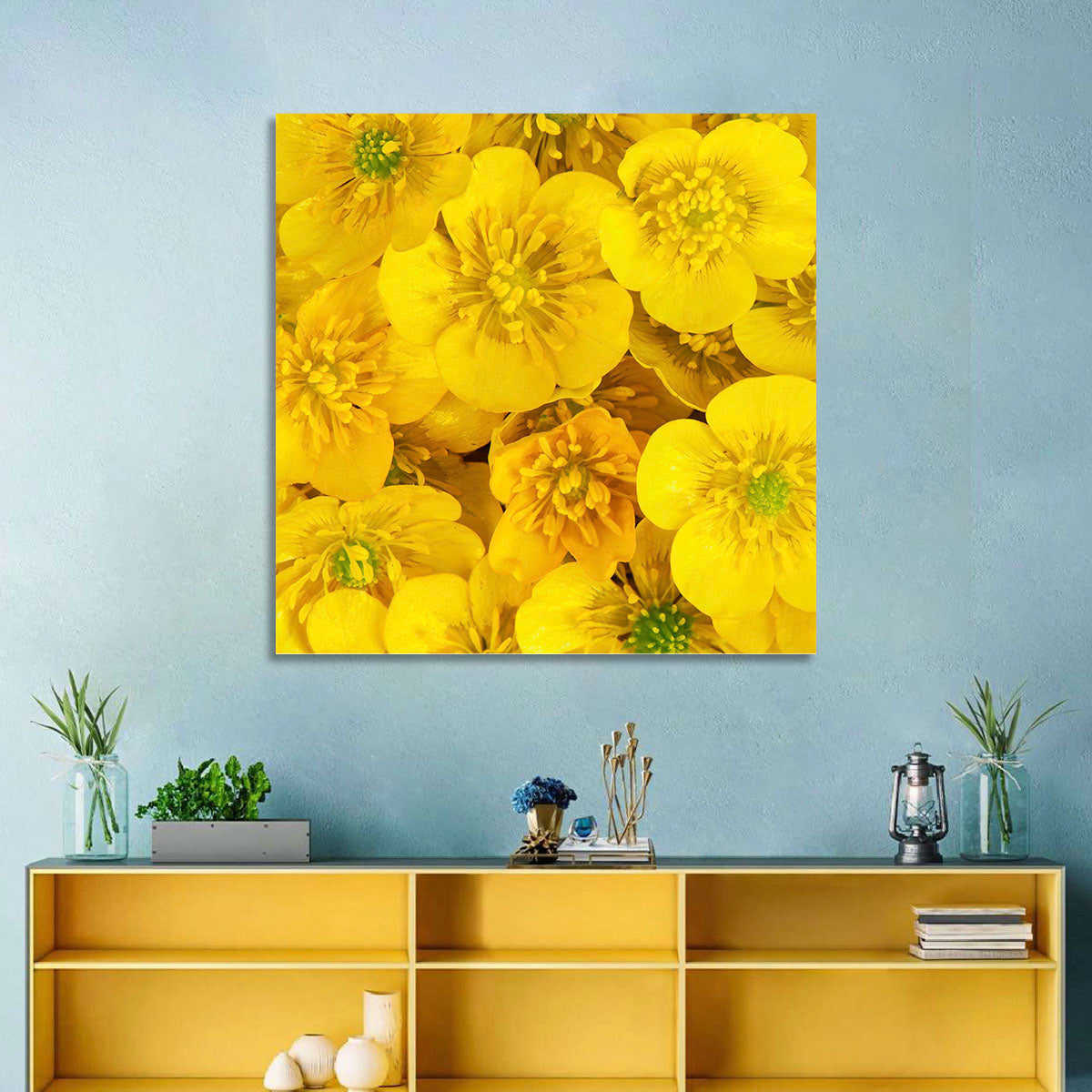 Yellow Buttercup Close-up Wall Art in a room, landscape