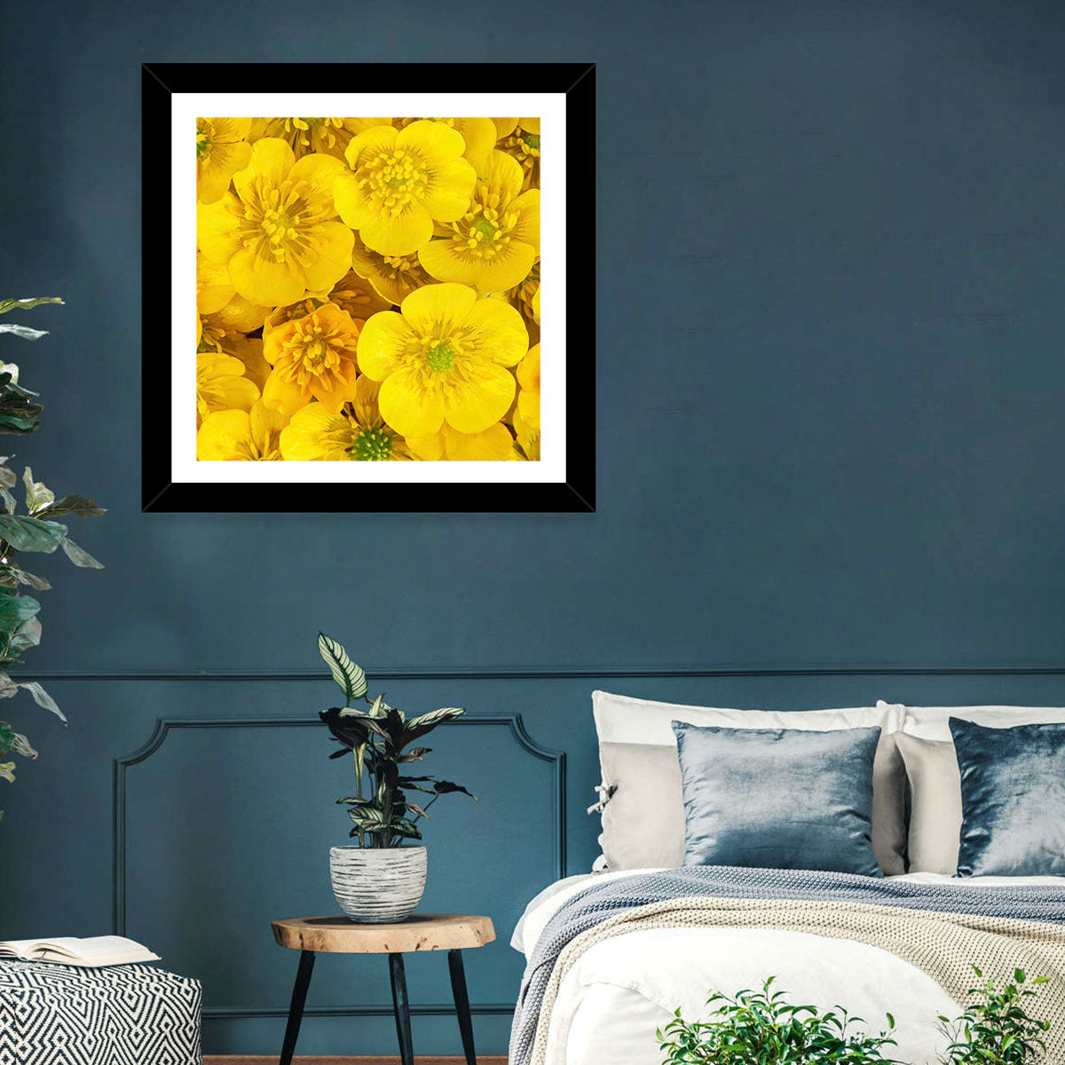 Yellow Buttercup Close-up Wall Art in a room, landscape