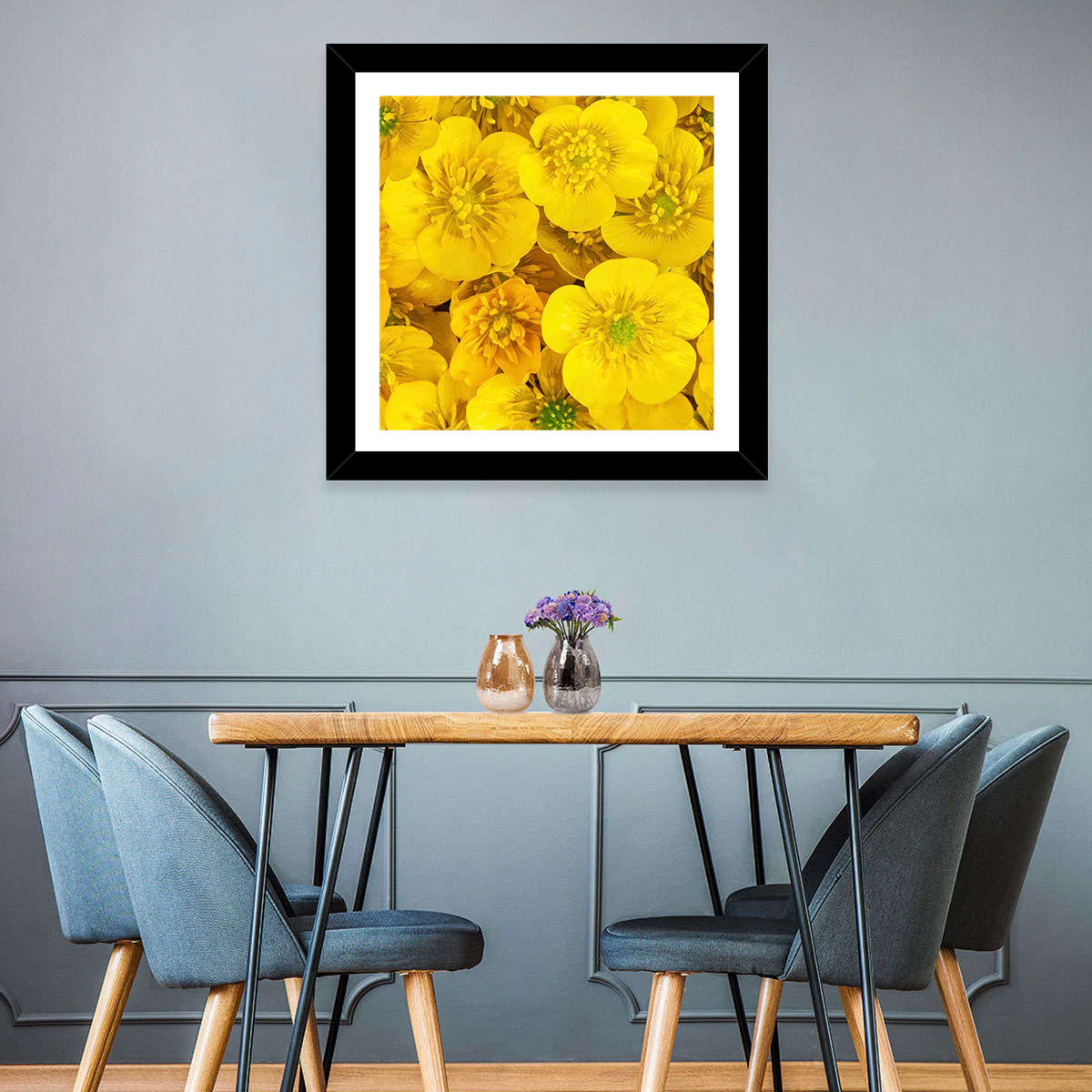 Yellow Buttercup Close-up Wall Art in a room, landscape