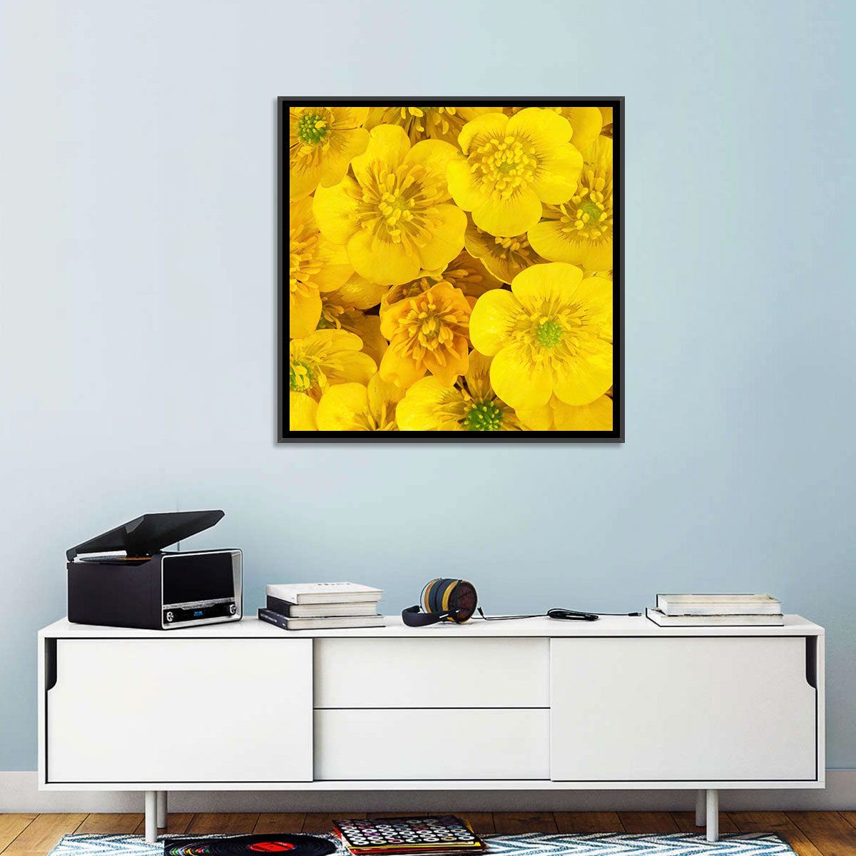 Yellow Buttercup Close-up Wall Art in a room, landscape
